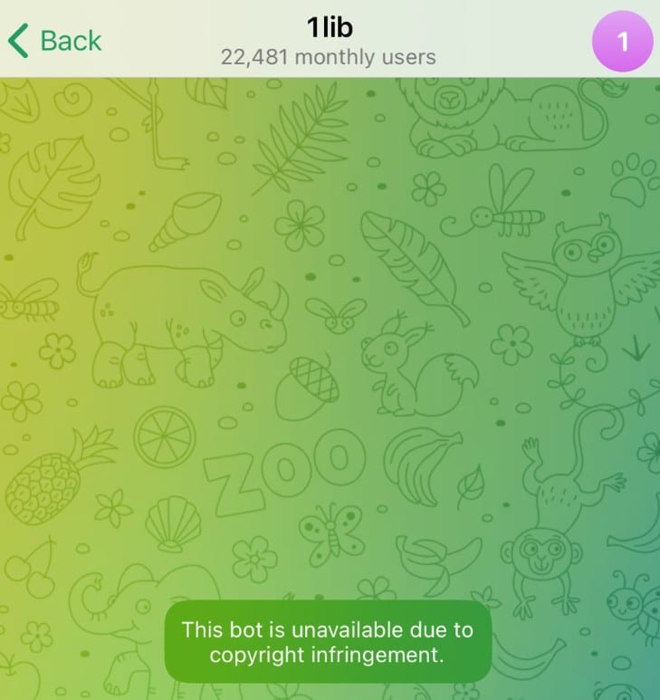 Platform restriction screenshot: Z-Library 下载机器人 · @1lib
