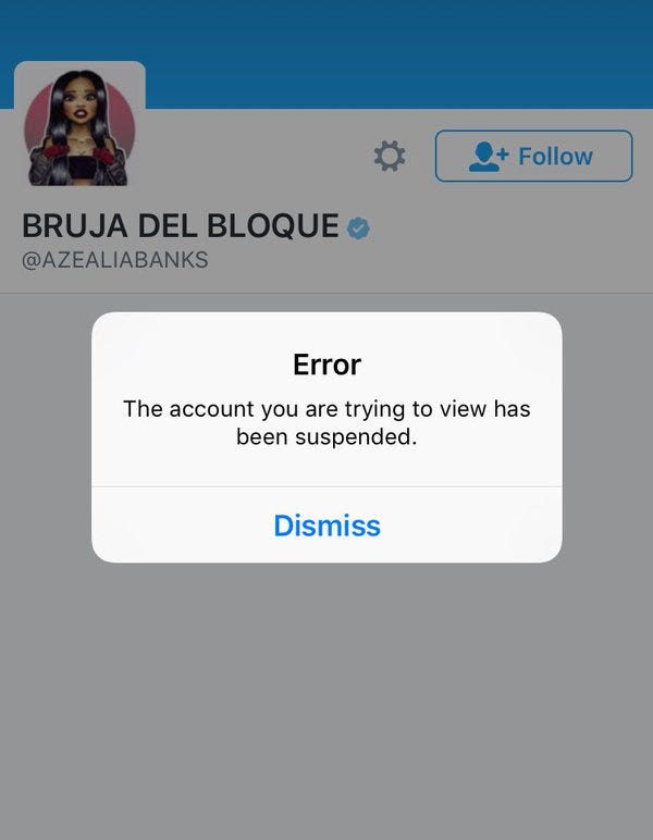 Platform restriction screenshot: Azealia Banks · @AZEALIABANKS