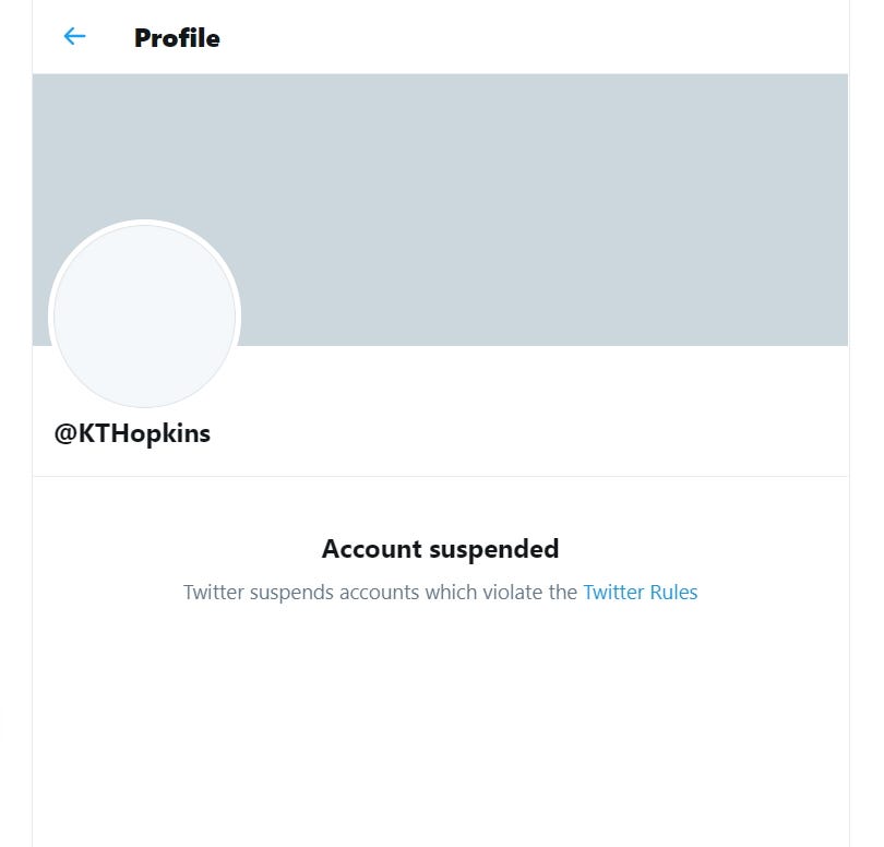 Platform restriction screenshot: Katie Hopkins · @KTHopkins