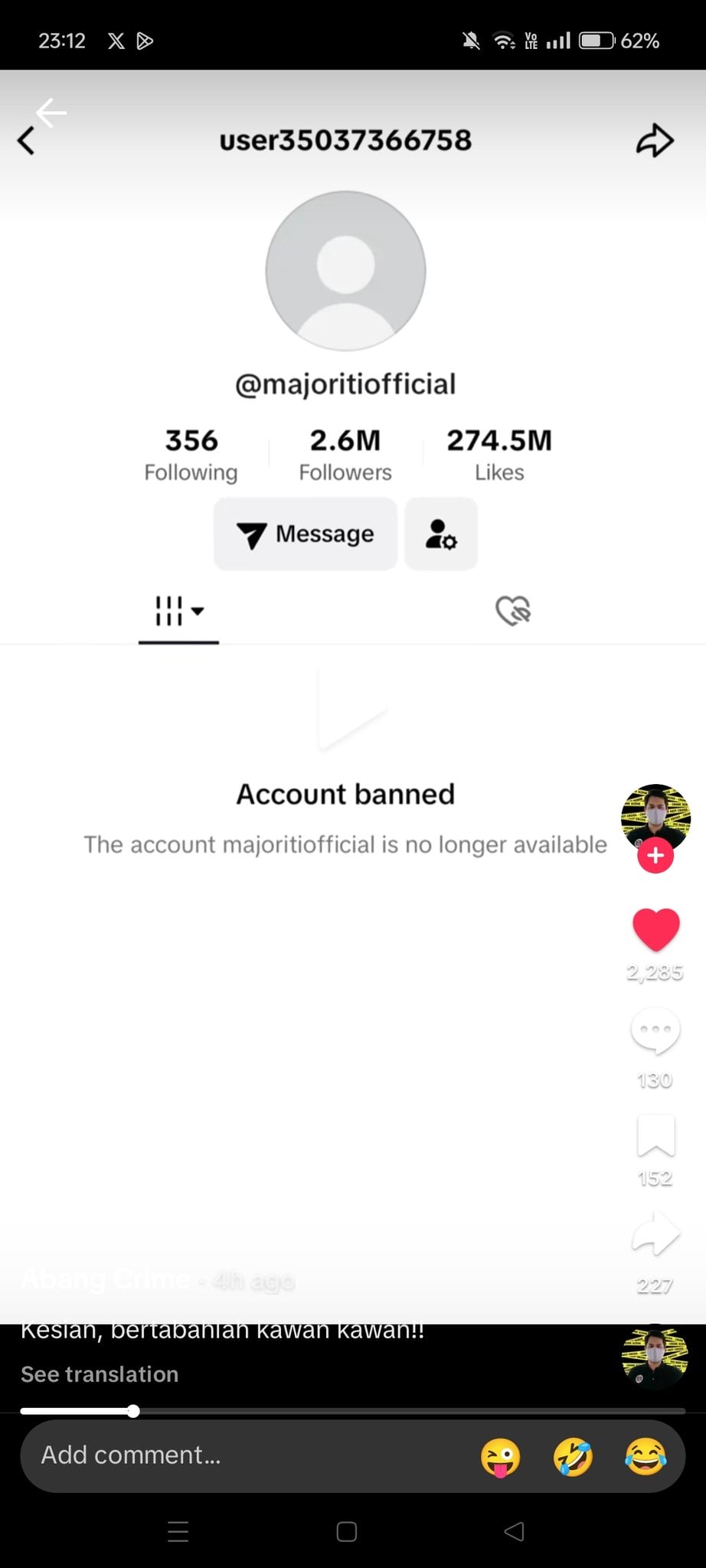 Platform restriction screenshot: Majoriti Official · @majoritiofficial