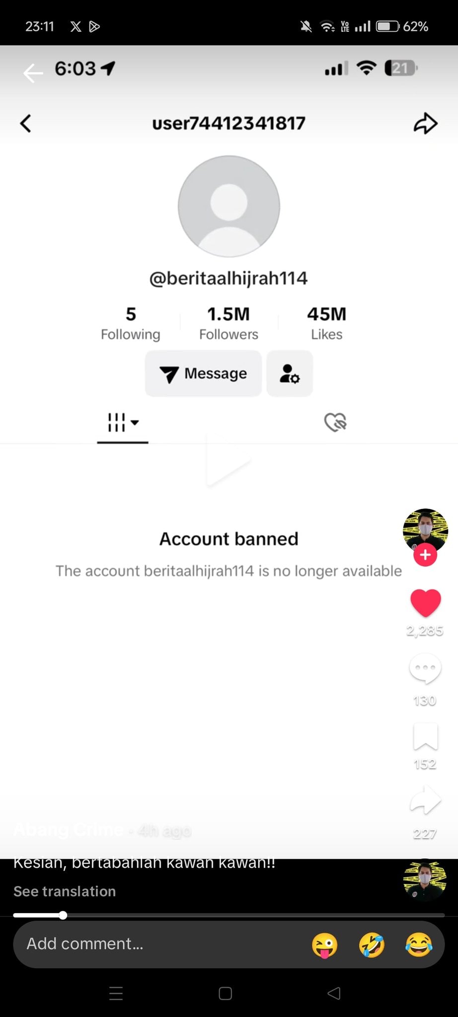 Platform restriction screenshot: Berita AlHijrah · @beritaalhijrah114
